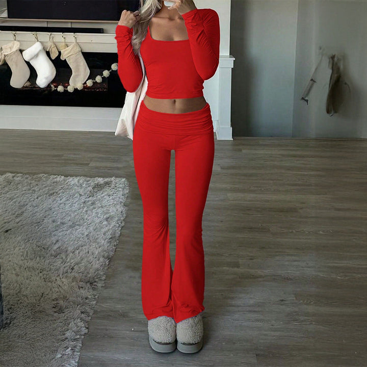 Damen nan figurbetontes Cropped-Set mit langärmeligem Top mit quadratischem Ausschnitt und ausgestellter High‑Waist Yoga-Hose Drune