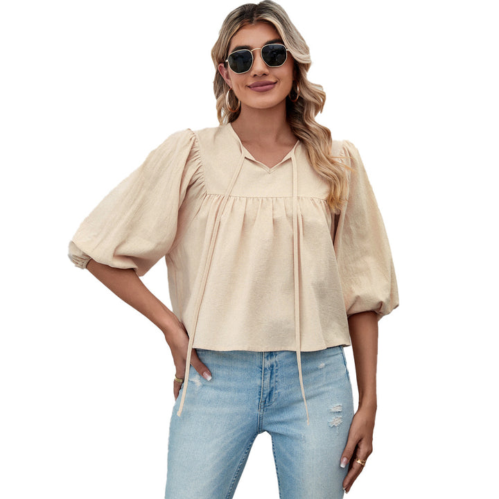Damen Bluse mit weiten Ärmeln und verspieltem Knoten Drune
