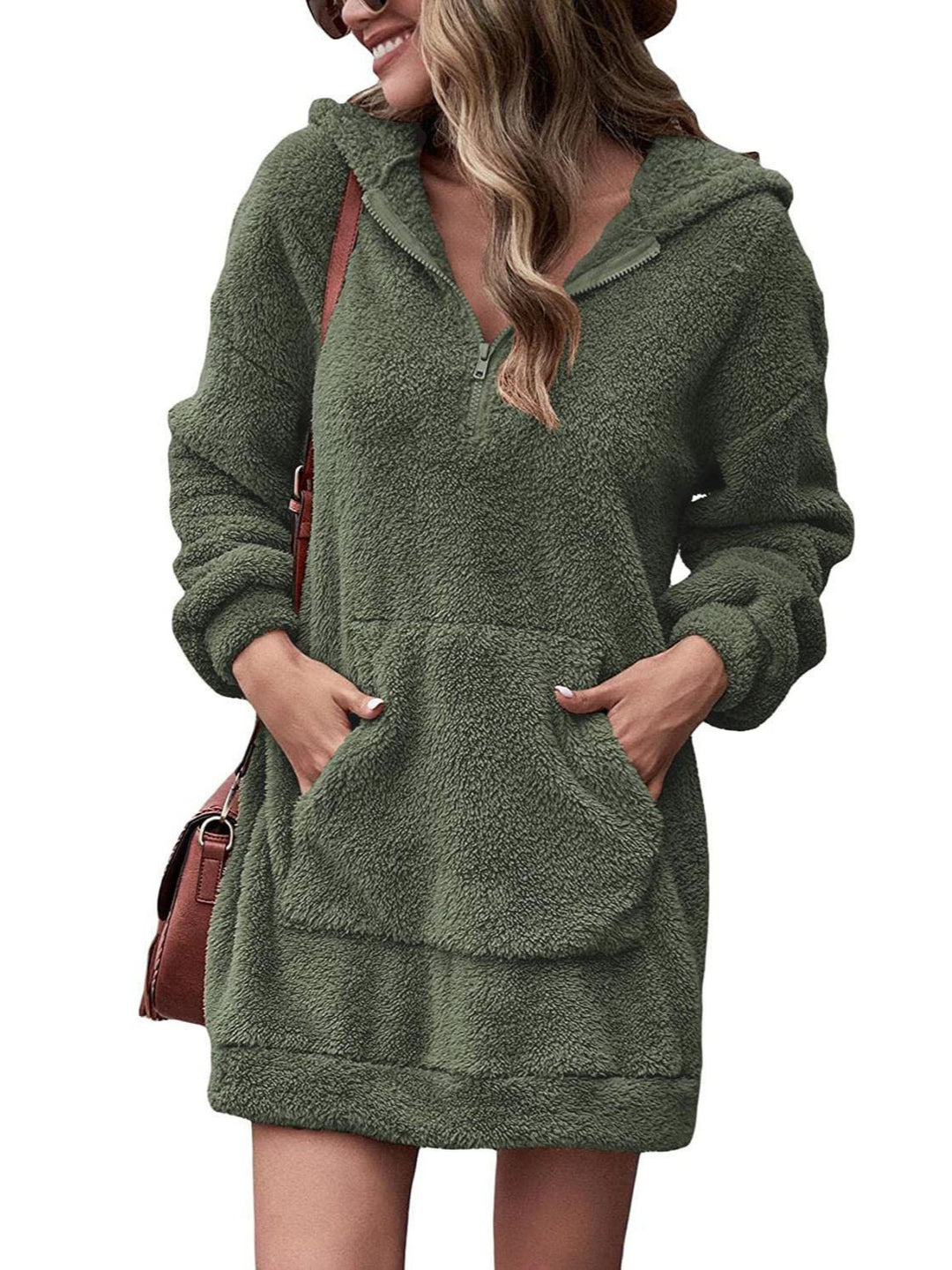 Damen Kuscheliger Hoodie-Kleid mit praktischen Taschen und halben Reißverschluss Drune