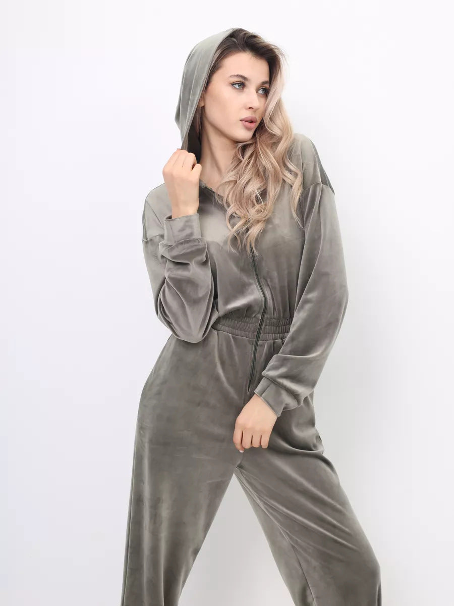 Damen Velours-Jumpsuit mit Kapuze und elastischem Bund Drune