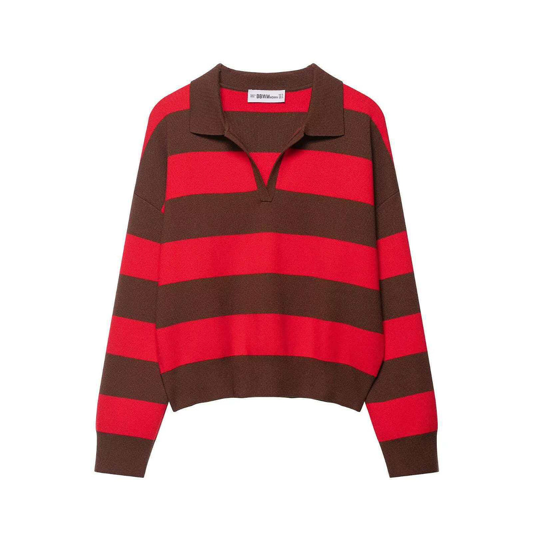 Damen nan gestreifter Rugby-Strickpullover mit Polokragen und weiter Oversize-Passform Drune