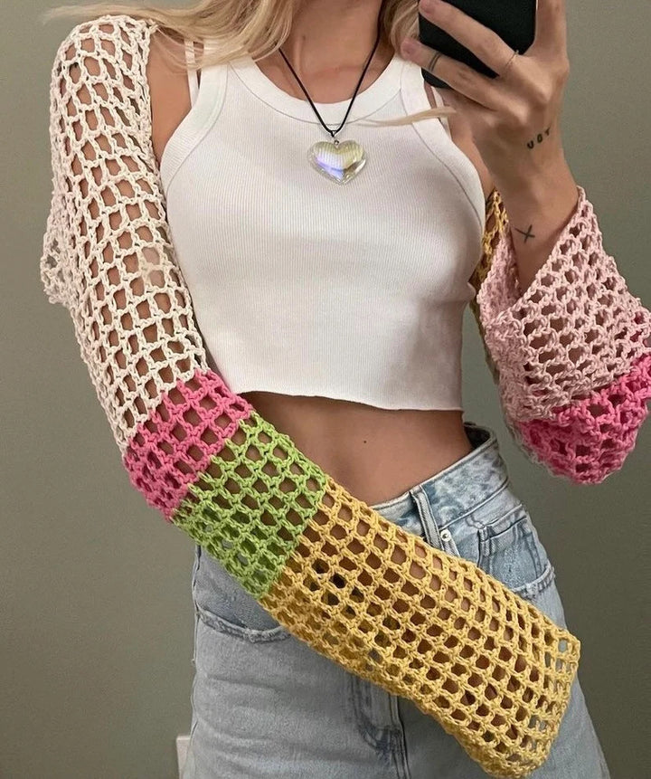 Damen gehäkeltes Langarm-Oberteil mit buntem Netzdesign Drune