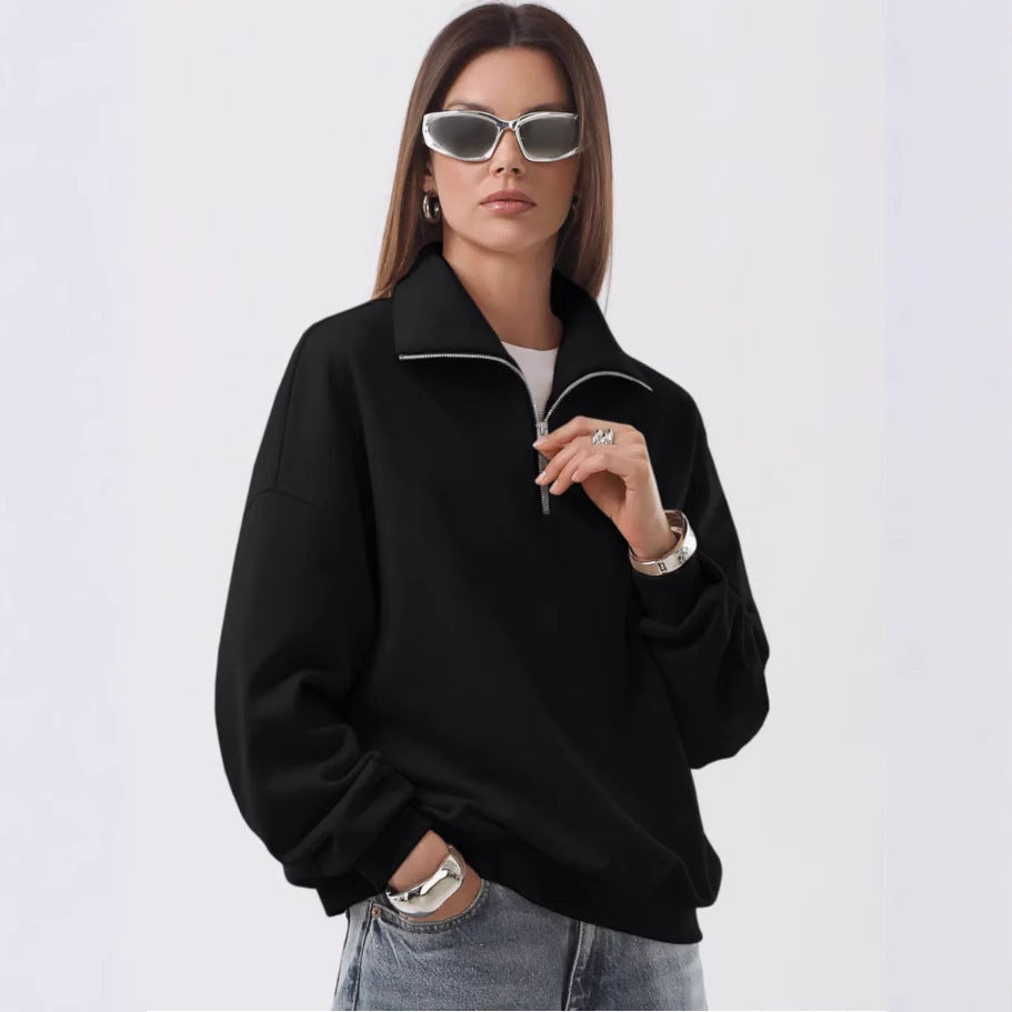 Unisex oversized Sweatshirt mit halbem Reißverschluss und Stehkragen aus weichem Baumwollmix Drune