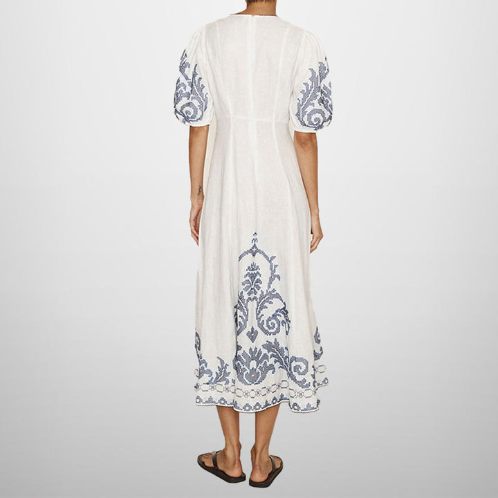 Damen Midikleid mit kunstvollem Stickmuster und voluminösen Ärmeln Drune