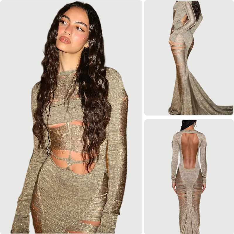 Damen Cut-Out Abendkleid mit langen Ärmeln und schwingendem Saum Drune