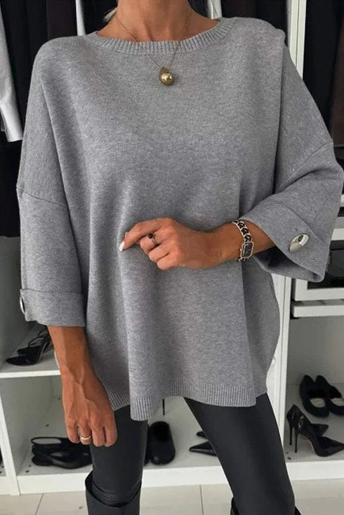 Damen Eleganter Strickpullover mit weit geschnittenen Ärmeln und Knopfdetails Drune