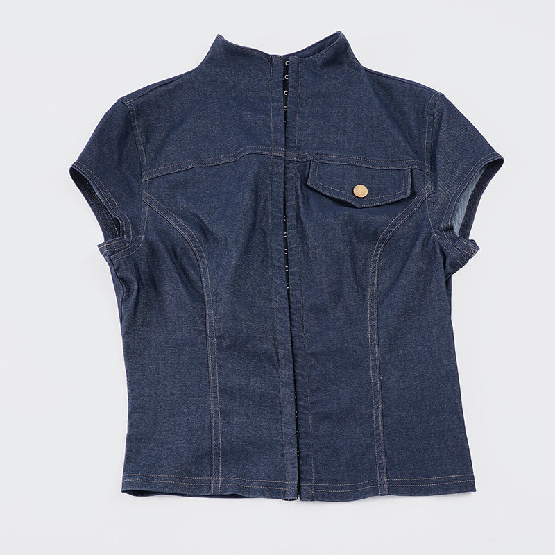Damen Kurzarm Jeanshemd mit stilvollem Stehkragen und praktischen Taschen Drune
