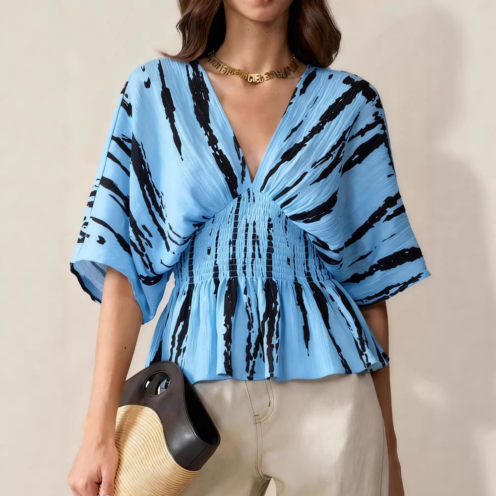 Damen V-Ausschnitt Bluse mit weitem Schnitt und Raffung Drune
