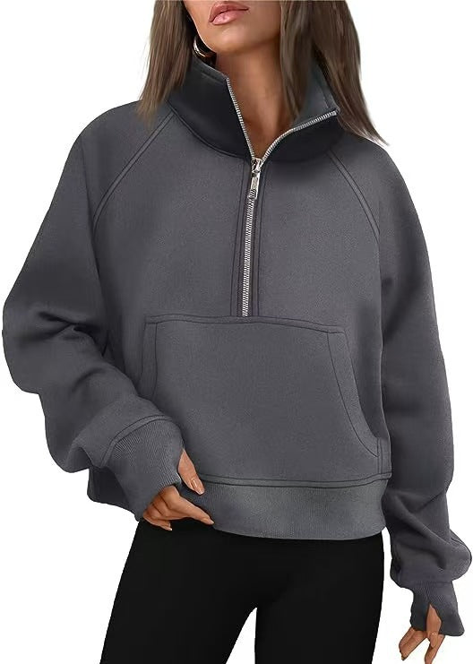 Damen nan oversized Sweatshirt mit halbem Reißverschluss Kängurutasche und Daumenlöchern Drune