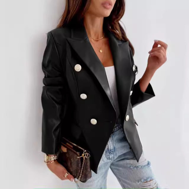 Damen eleganter Kunstleder Blazer mit doppelter Knopfleiste Drune