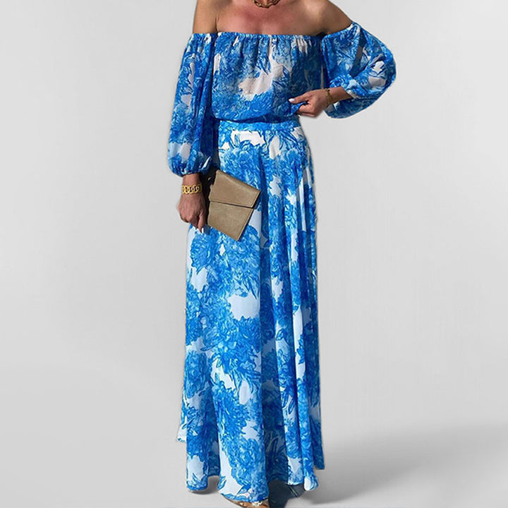 Damen Off-Shoulder Maxikleid mit floralem Druck und weitem Rock Drune