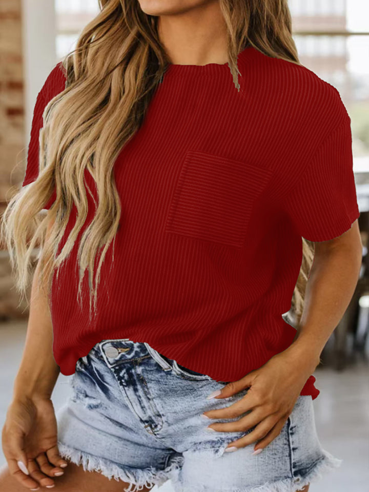 Damen lässiges Kurzarmshirt mit strukturierter Oberfläche und praktischem Brusttaschen Drune