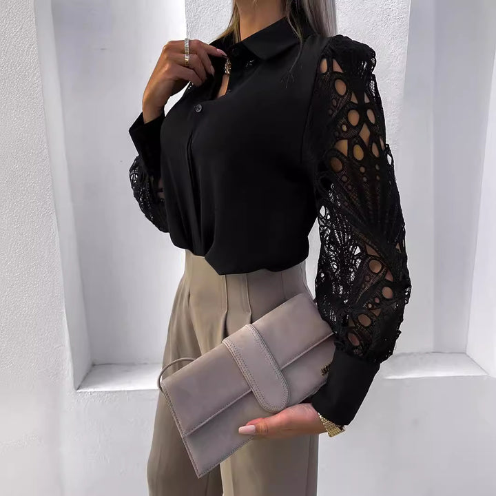 Damen Bluse mit voluminösen Spitzenärmel und elegantem Kragen Drune