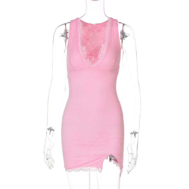 Damen Spitzenkleid mit tiefem V-Ausschnitt und seitlichem Schlitz Drune