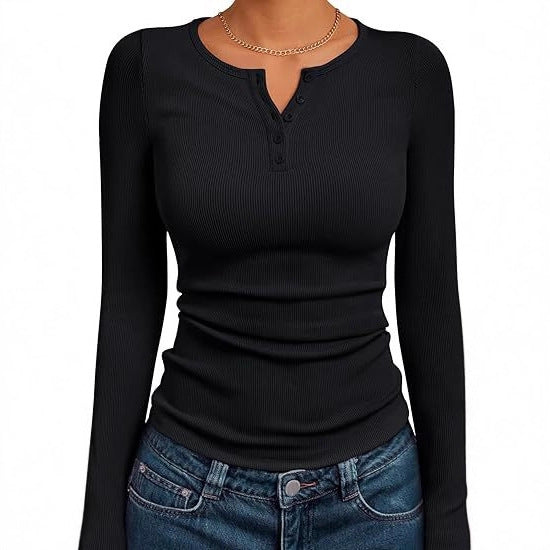 Damen Figurbetontes Langarmshirt mit Knopfleiste und Rippstruktur Drune