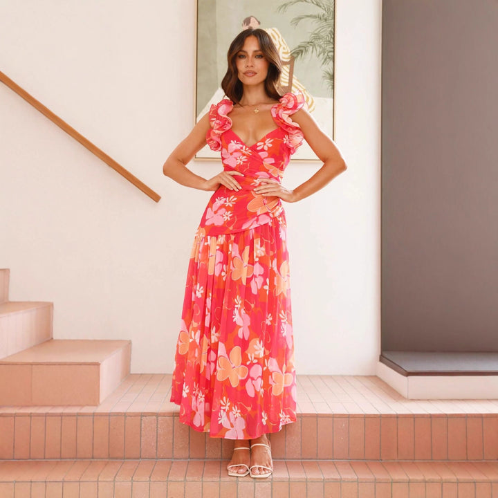 Damen Maxikleid mit eleganten Rüschen und figurbetontem Schnitt Drune