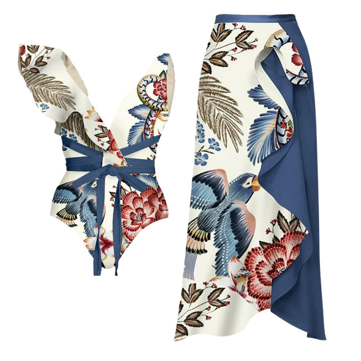 Damen Badeanzug-Set mit floralen Rüschen und taillierter Shorts Drune
