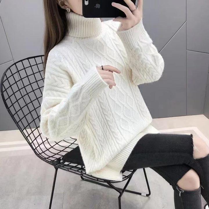 Damen Grobstrickpullover mit hohem Kragen und Zopfmuster Drune