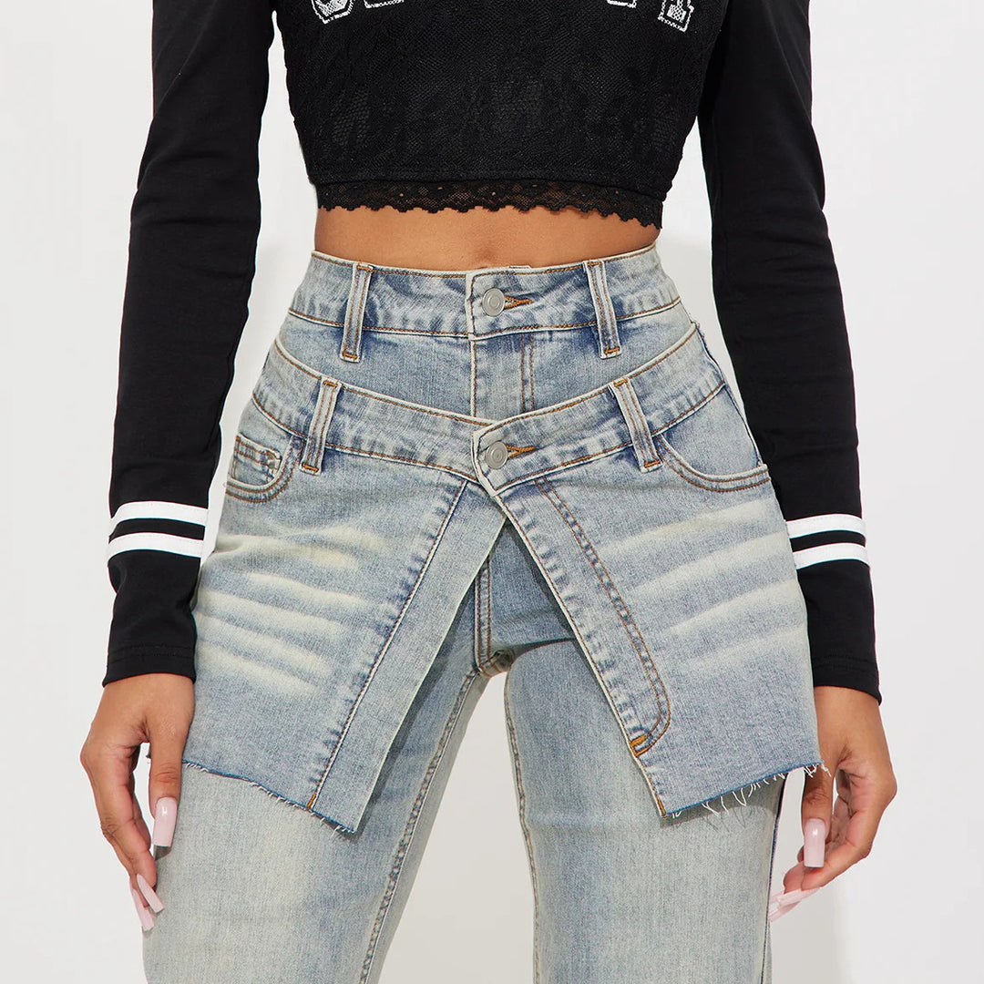 Damen Modische Denim-Hose mit asymmetrischem Design und hohem Bund Drune