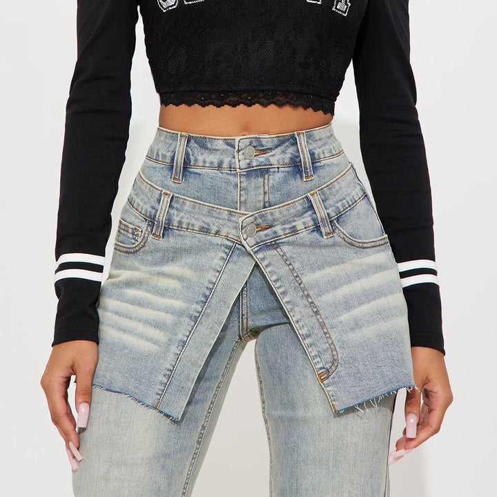 Damen Modische Denim-Hose mit asymmetrischem Design und hohem Bund Drune