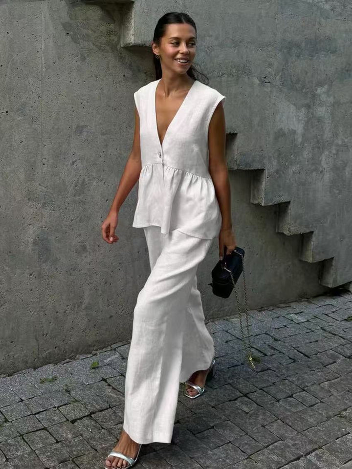 Damen Praktisches Leinen Set mit voluminösem Oberteil Drune
