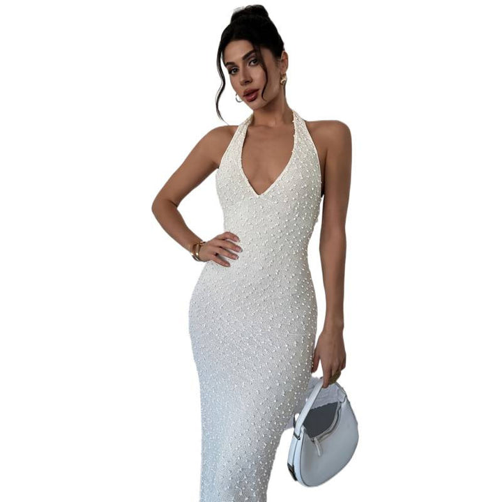 Damen Elegantes Abendkleid mit Hochzeitsperlen und tiefem V-Ausschnitt Drune