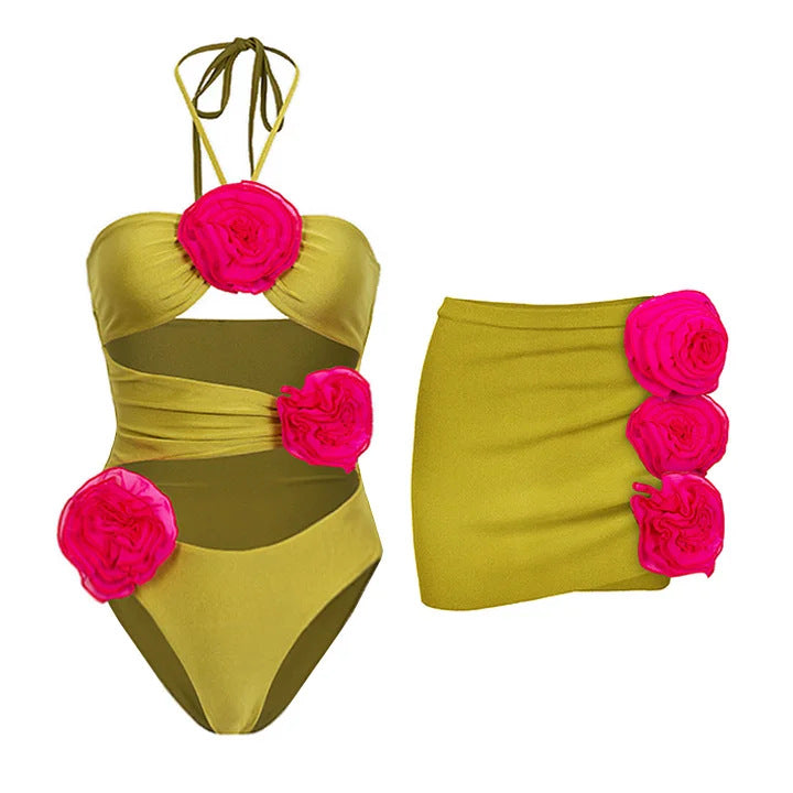 Damen Badeanzug-Set mit verspielten Blumendekorationen Drune