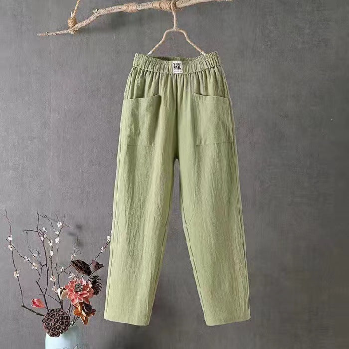 Damen nan lässige Leinenmix-Hose mit elastischem Bund, geradem Bein und großen aufgesetzten Taschen Drune