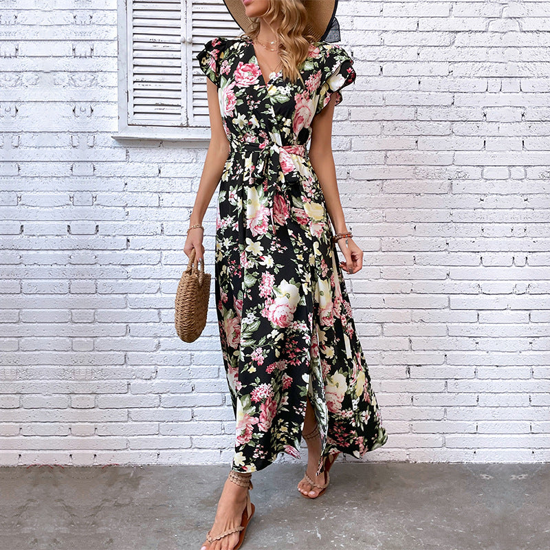 Damen Maxikleid mit floralen Mustern, Schlitz und taillierbarem Gürtel Drune