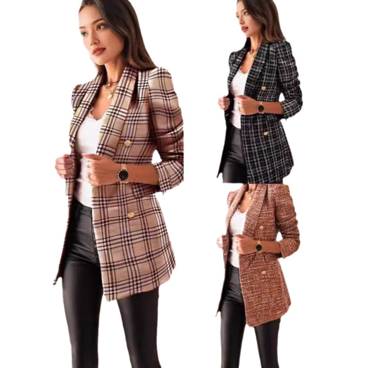 Damen nan taillierter kariert langer Blazer mit Doppelreiher und Schulterpolstern Drune