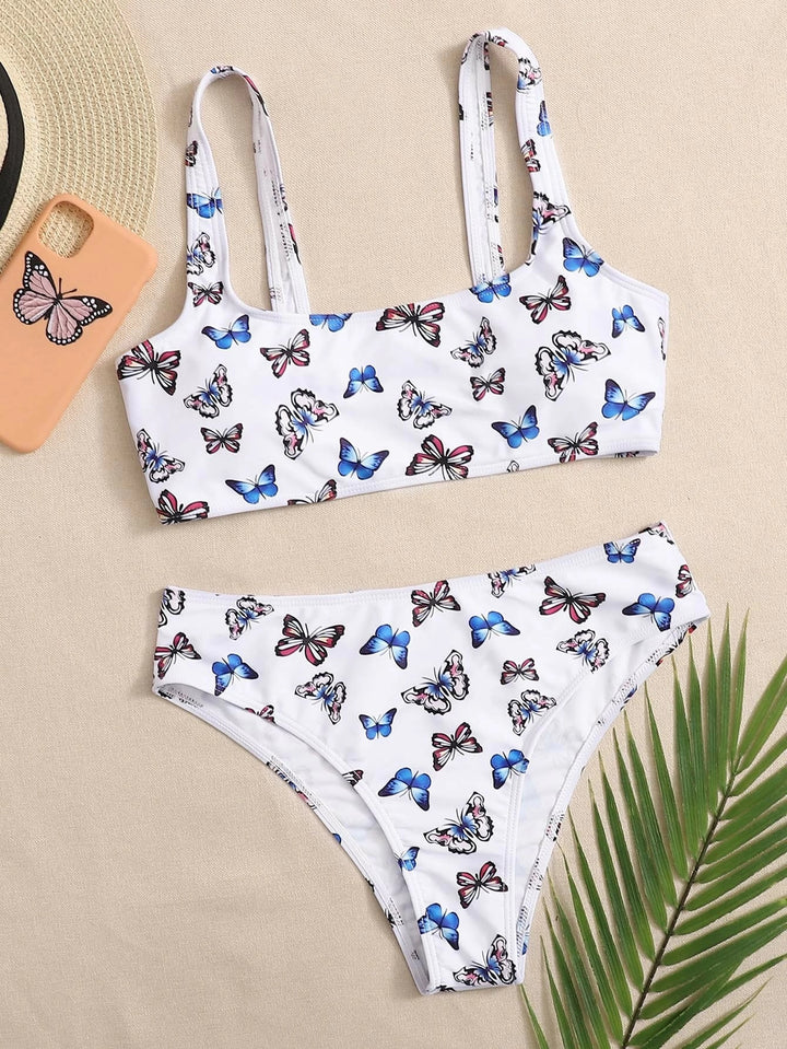 Damen Crop-Bikini-Set mit buntem Schmetterlingsdruck Drune
