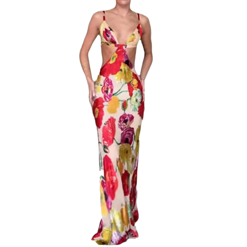 Damen Maxikleid mit raffiniertem Cut-Out-Design und floralen Akzenten Drune