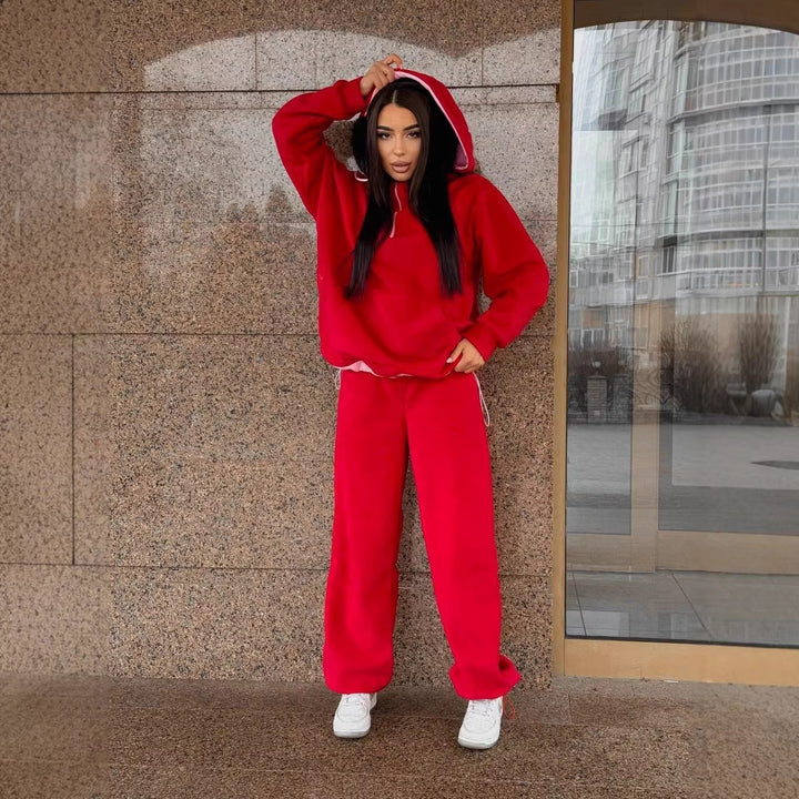 Damen kuscheliger Fleece-Jogginganzug mit hohem Kragen undKordelzug Drune