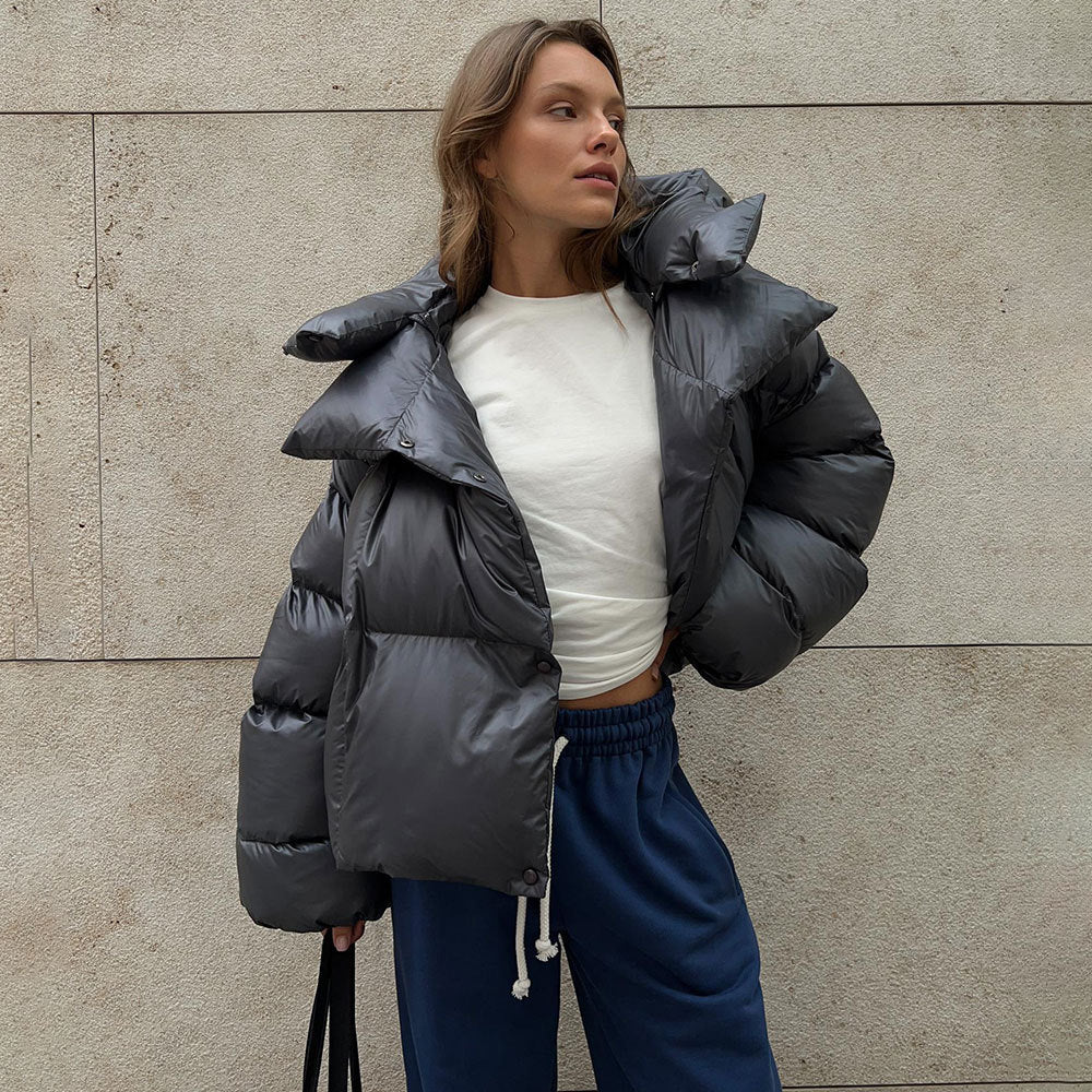 Damen Modische Daunenjacke mit hohem Kragen und Knopfverschluss Drune