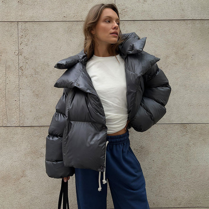 Damen Modische Daunenjacke mit hohem Kragen und Knopfverschluss Drune