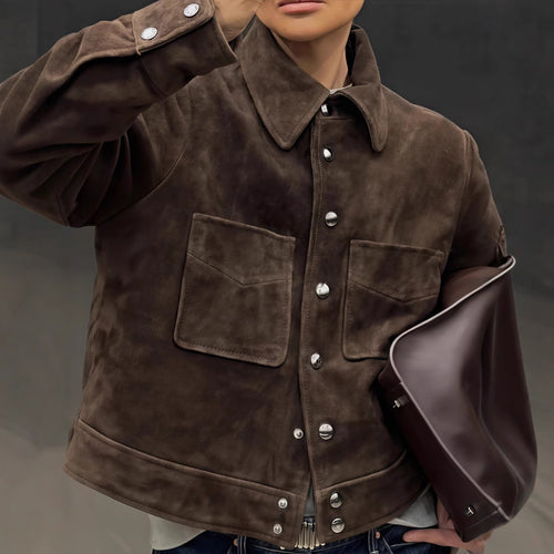 Damen Modische Wildlederjacke mit praktischen Klappentaschen Drune