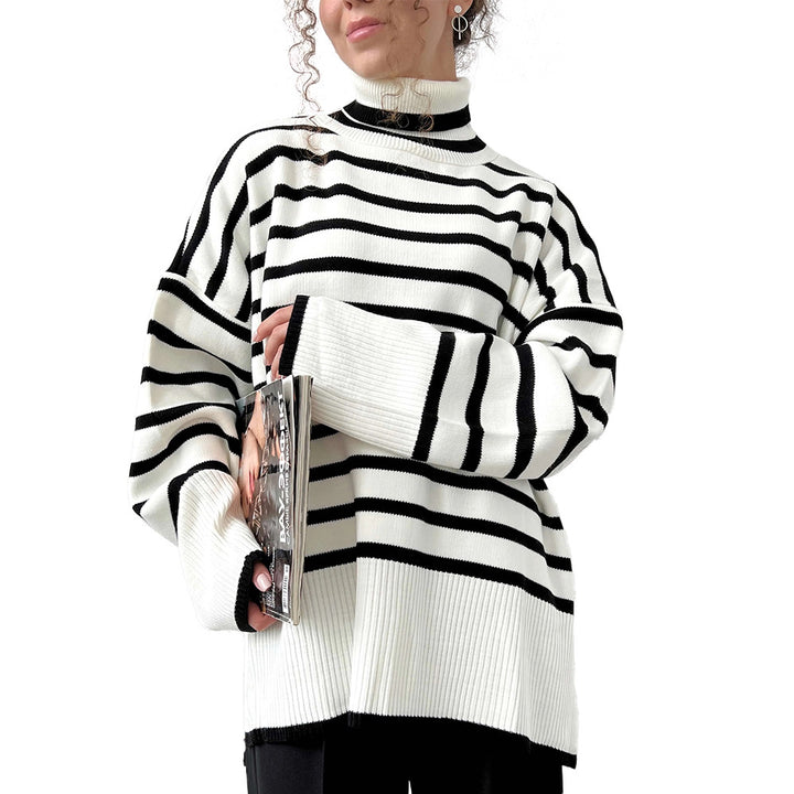 Damen modischer gestreifter Strickpullover mit Stehkragen Drune