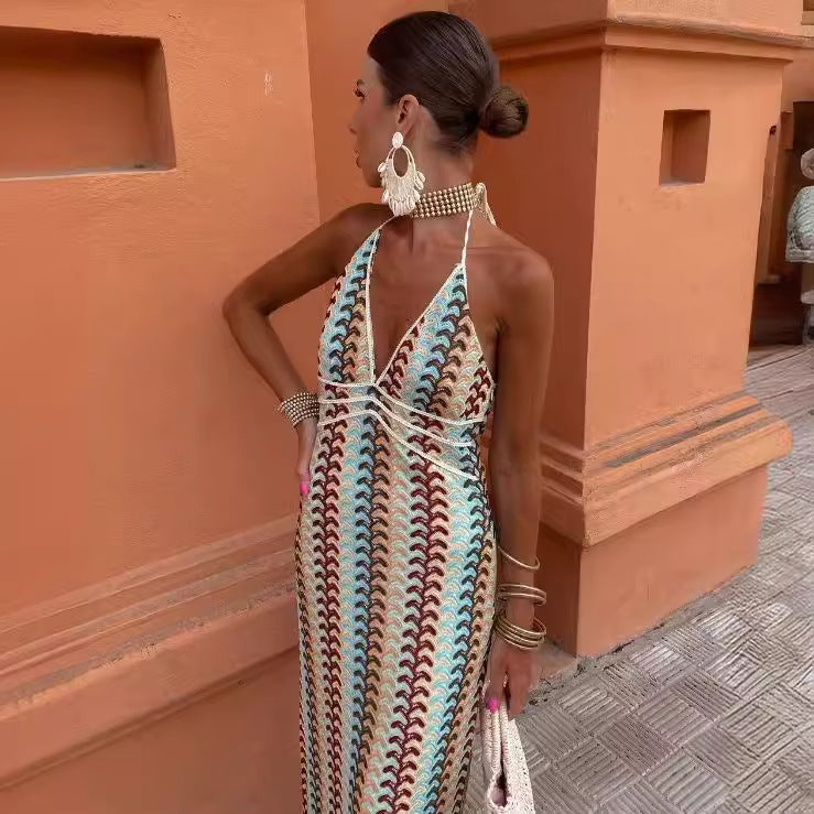 Damen Maxikleid mit tiefem V-Ausschnitt und raffinierten Häkel-Details Drune