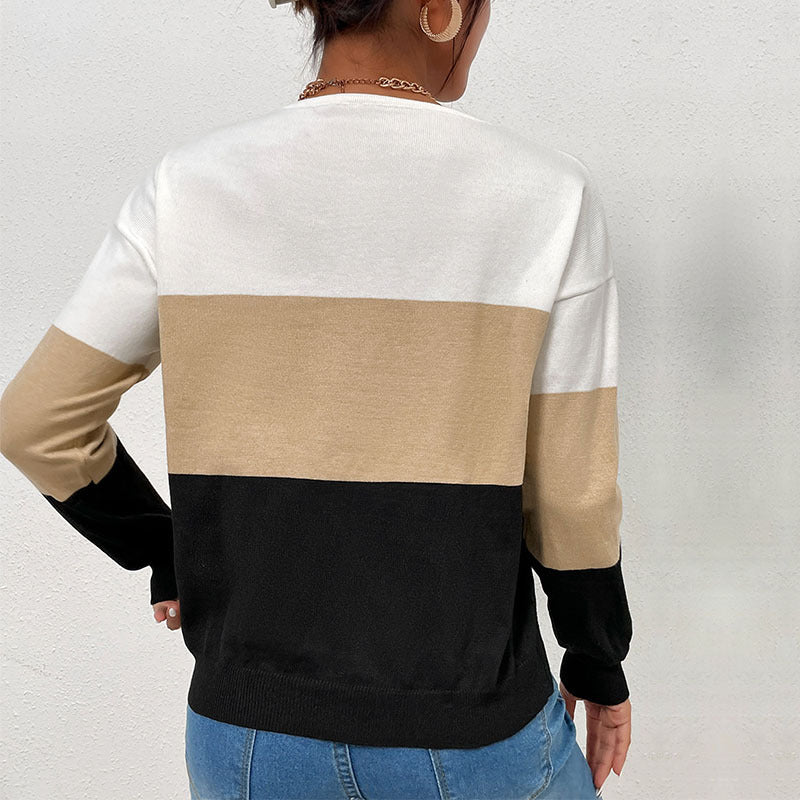 Damen lässiger V-Ausschnitt Pullover mit Farbblock-Design Drune