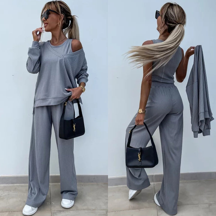 Damen nan elegantes Rippstrick-Zweiteiler Lounge-Set mit einseitigem Schulterfreischnitt und weitem Palazzo-Hosenbein Drune