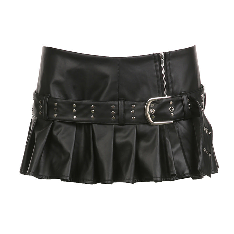 Damen Minirock aus Kunstleder mit Rüschendetails und schickem Gürtel Drune