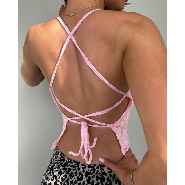 Damen Spitzen-Crop-Top mit verstellbaren Spaghetti-Trägern und floralem Muster Drune