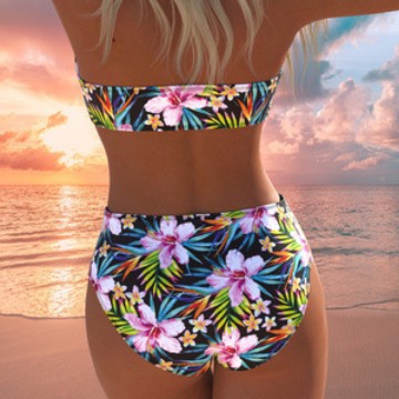 Damen Bandeau-Bikini-Set mit hochgeschnittenem Höschen und tropischem Blütenmuster Drune