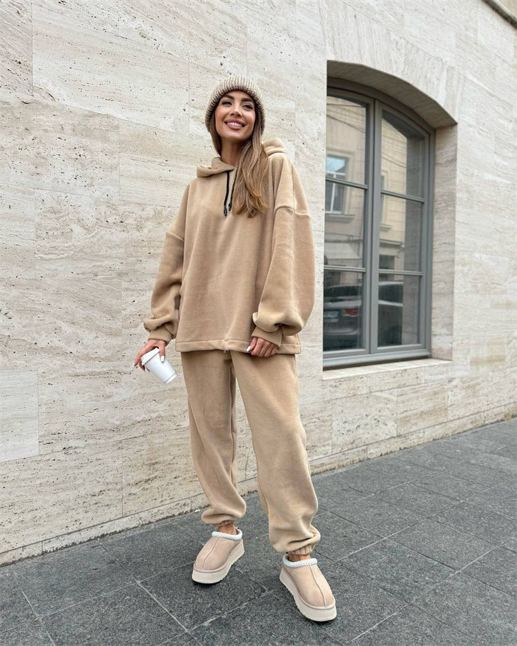 Damen Kuscheliges Fleece-Loungewear-Set mit Kapuze und weitem Schnitt Drune