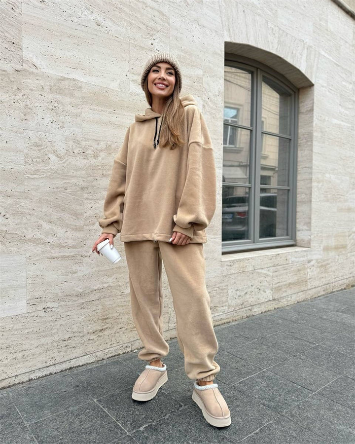 Damen Kuscheliges Fleece-Loungewear-Set mit Kapuze und weitem Schnitt Drune