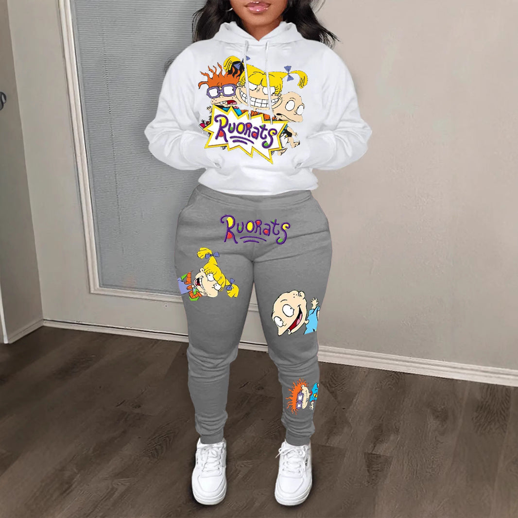 Damen Hoodie und Jogginghose Set mit farbenfrohen Cartoon-Motiven Drune