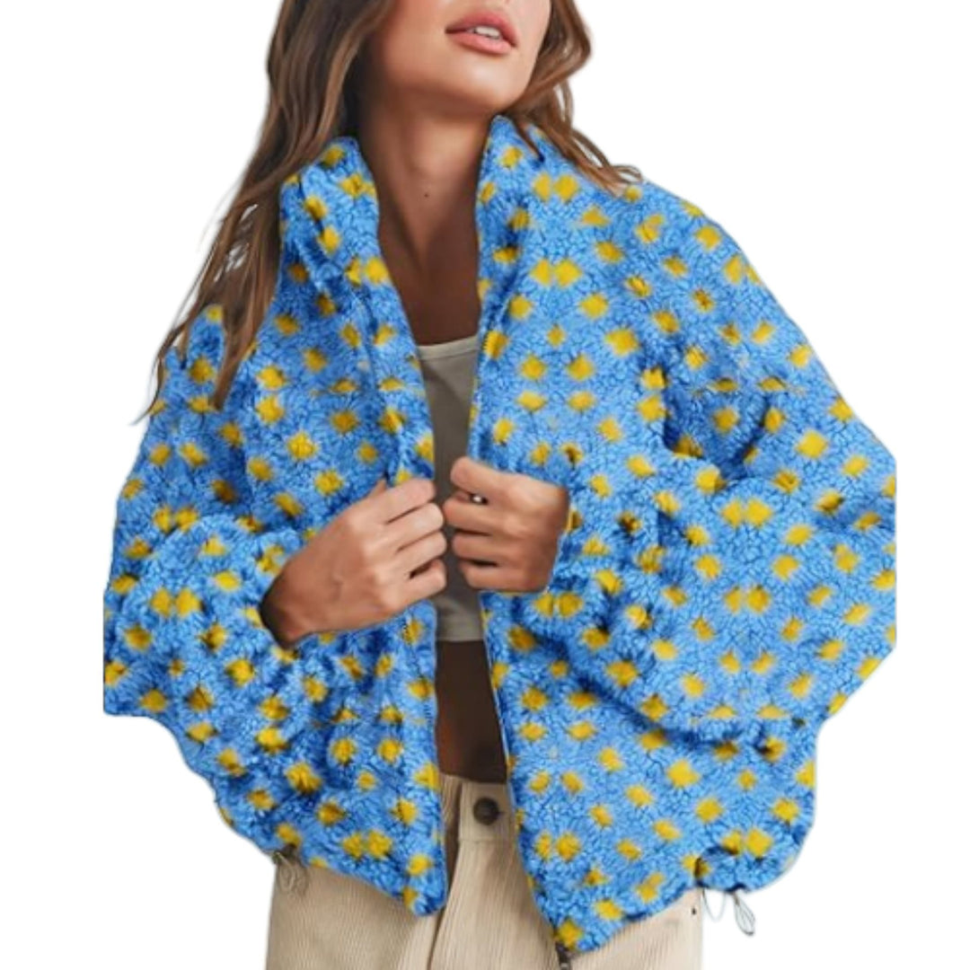 Damen trendige Kurzjacke mit Karomuster und weichem Plüsch Drune