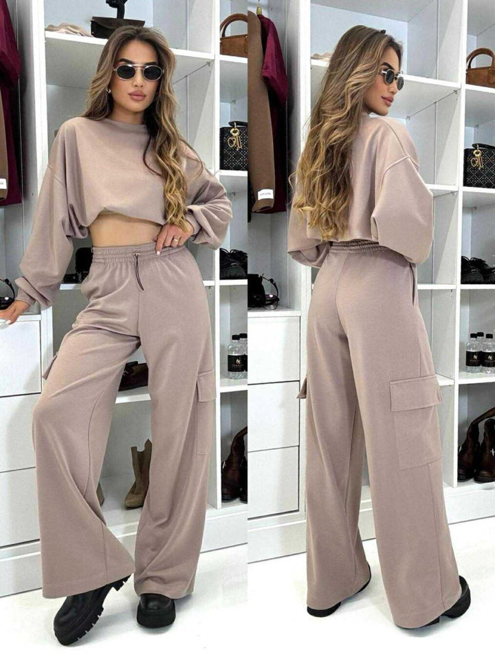 Damen Lässiges Cargo-Lounge-Set mit cropped Oberteil und bequemen Hosen Drune