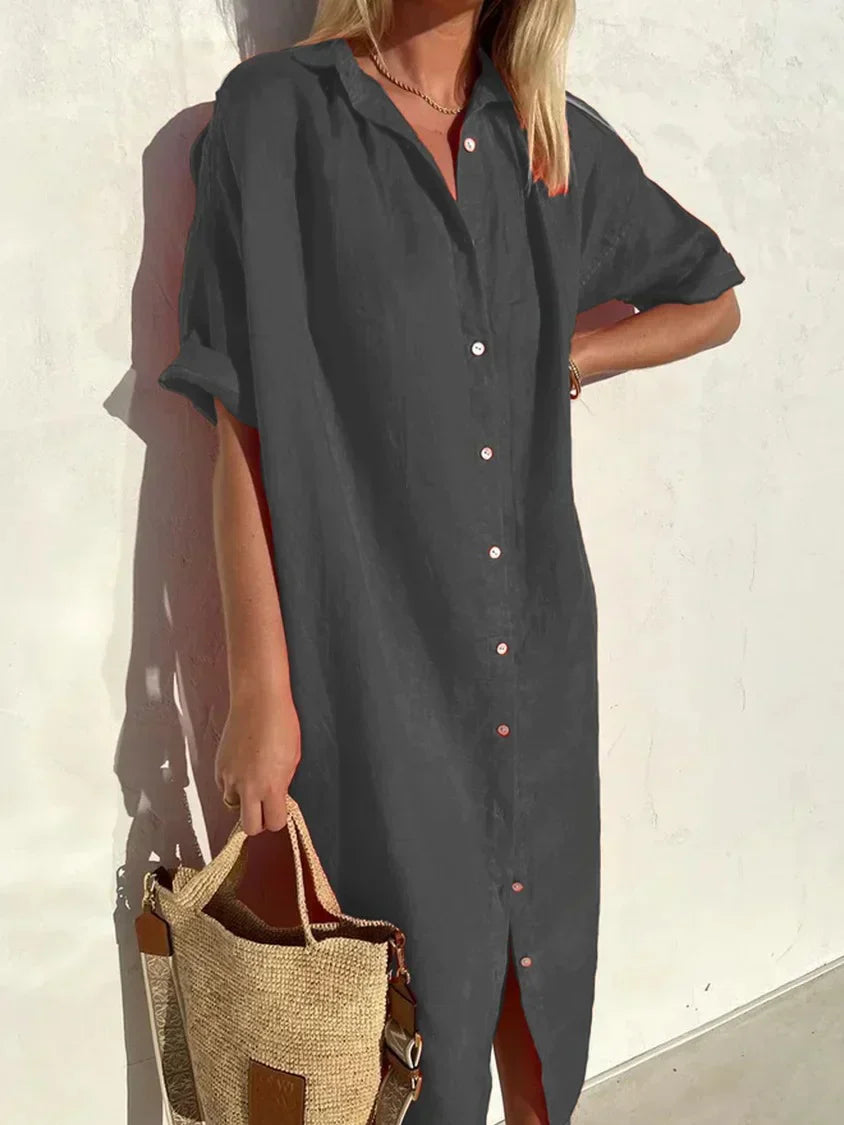 Drune | Knopfkleid mit Weitem Ausschnitt und Schmalen Ärmeln, Elegant und Locker, für Frauen Baumwoll- und Leinenkleider