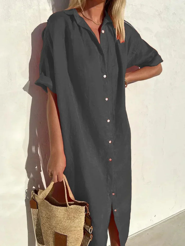 Drune | Knopfkleid mit Weitem Ausschnitt und Schmalen Ärmeln, Elegant und Locker, für Frauen Baumwoll- und Leinenkleider